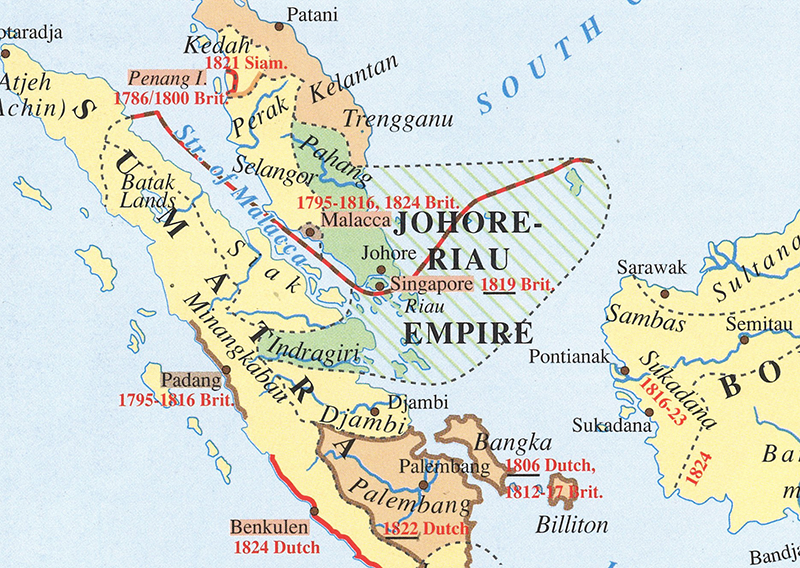 Detail from a Southeast Asia map (1782–1828). Image reproduced from Jan Meinhard Pluvier, Historical Atlas of South-East Asia (Leiden: Brill, 1995), 31. (From National Library, Singapore, call no. RSING 911.59 PLU).